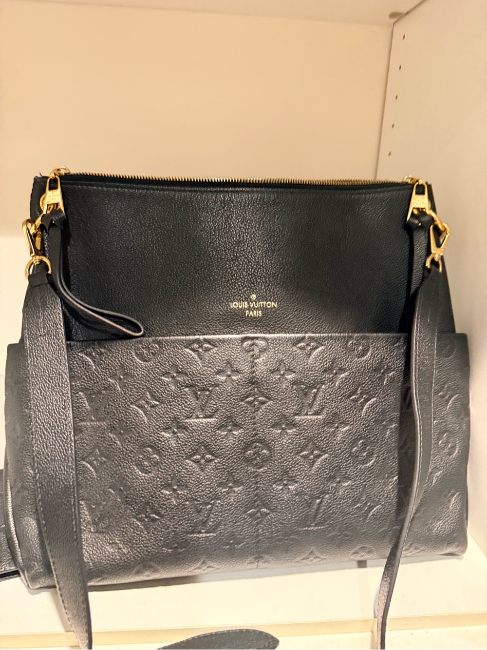 Louis Vuitton Black Embossed Monogram Shoulder Bag with Gold Hardware
